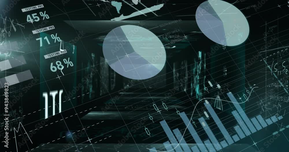 Poster graphs and pie charts animation over dark corridor with testing percentages