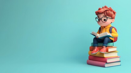 Cartoon Student Sitting on a Stack of Books Symbolizing Education and Learning