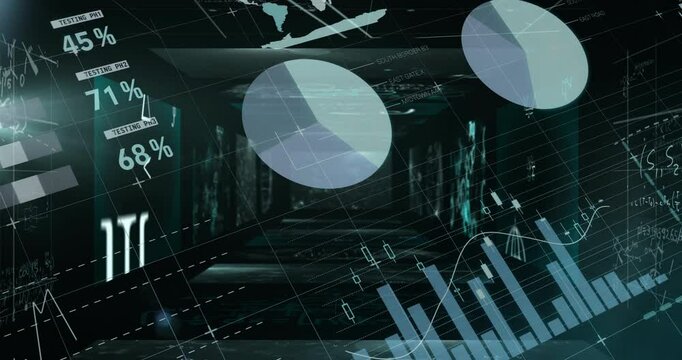 Graphs and pie charts animation over dark corridor with testing percentages