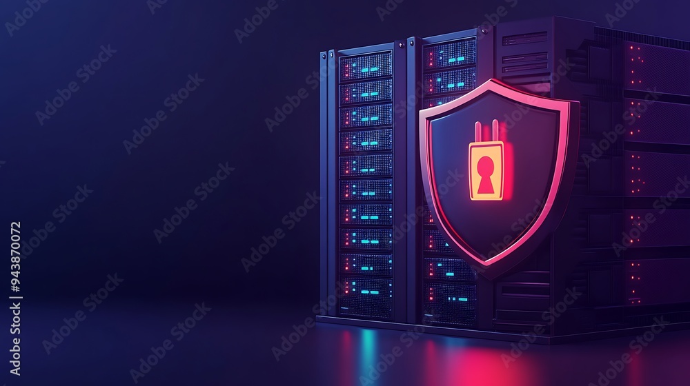 Poster secure server room with glowing protection shield icon, representing cybersecurity and data protecti