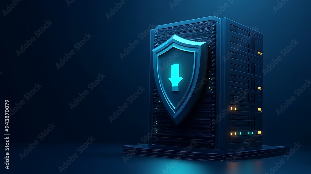 Poster secure server room with glowing shield icon representing cybersecurity and data protection, dark blu