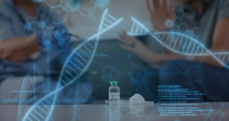DNA strands and scientific data animation over COVID-19 vaccine vial on table - Powered by Adobe