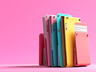 A collection of colorful wallets displayed against a pink background, perfect for showcasing modern wallet designs.