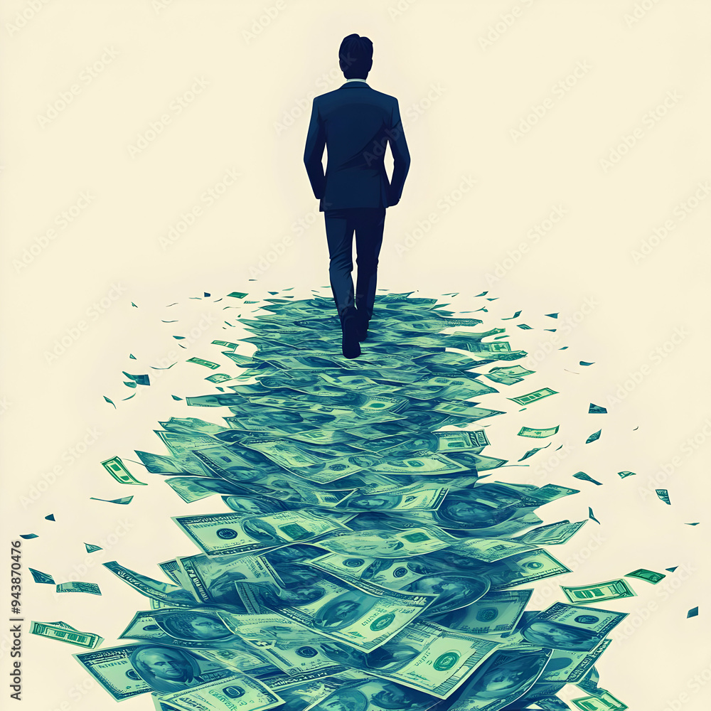 Poster person walking on money path concept as a person walking on a path made of money with a clean backgr