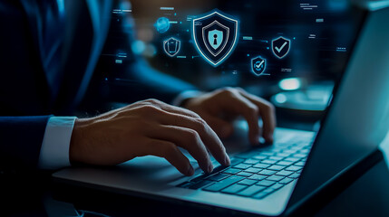 A businessman types on a laptop with floating digital security icons, including a shield and checkmark.
