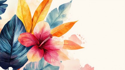 Watercolor illustration of leaves and a flower on a light background