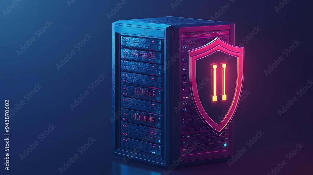 Aufkleber secure server with a glowing shield symbolizing data protection and cybersecurity. futuristic techno