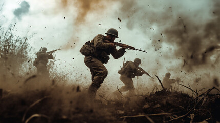 World war two Soldiers charging through battlefield during intense combat