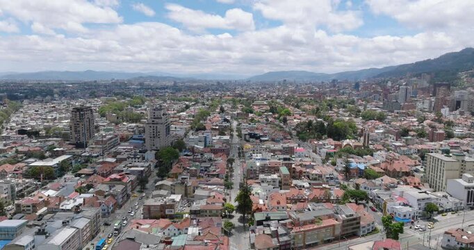 Drone shot over Bogota, Colombia, on a sunny day