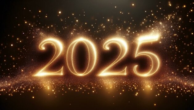 Napis ze złotych, świetlistych cyfr 2025 na czarnym, gwieździstym tle. Tło sylwestrowe lub noworoczne