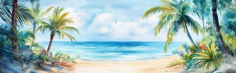 Obraz premium Watercolor illustration of festive scenes featuring palm trees and ocean views Raster