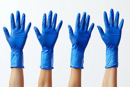Blue disposable gloves raised in the air on a white background