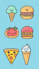 A cheerful arrangement of fun food icons including ice cream cones, burgers, and pizza, creating a vibrant display of color