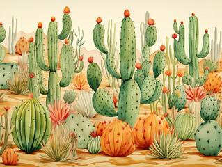 Amazing A painting of a desert scene with cactus trees and birds