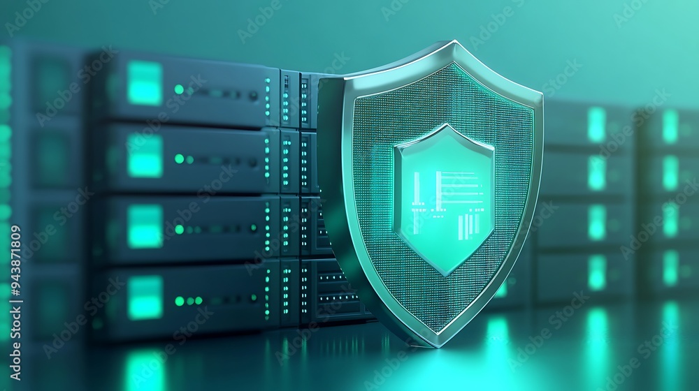 Poster server protection concept with a digital shield icon in front of a server rack, highlighting cyberse