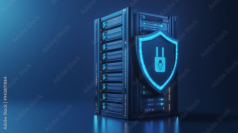 Poster server rack with a glowing blue shield icon representing cybersecurity and data protection on a dark