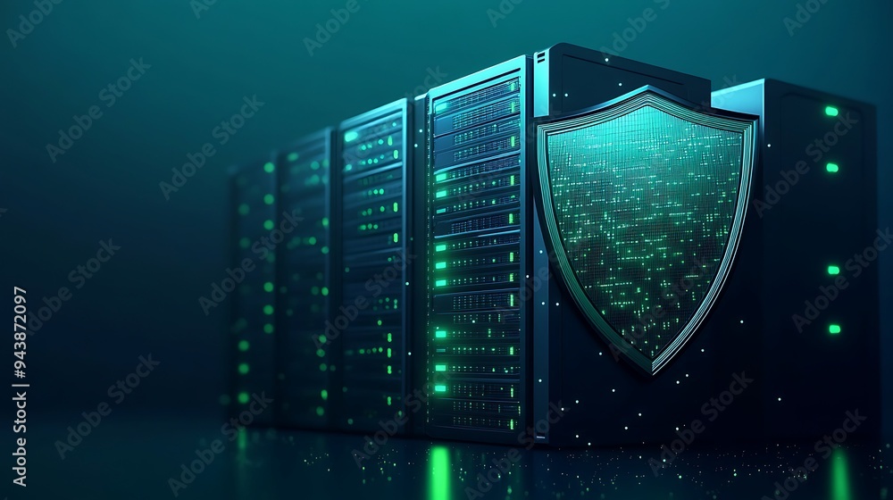 Aufkleber server room with glowing servers and shield icon for cybersecurity. concept of data protection and n