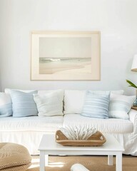 Cozy living room with a beach themed artwork above a white sofa and striped cushions