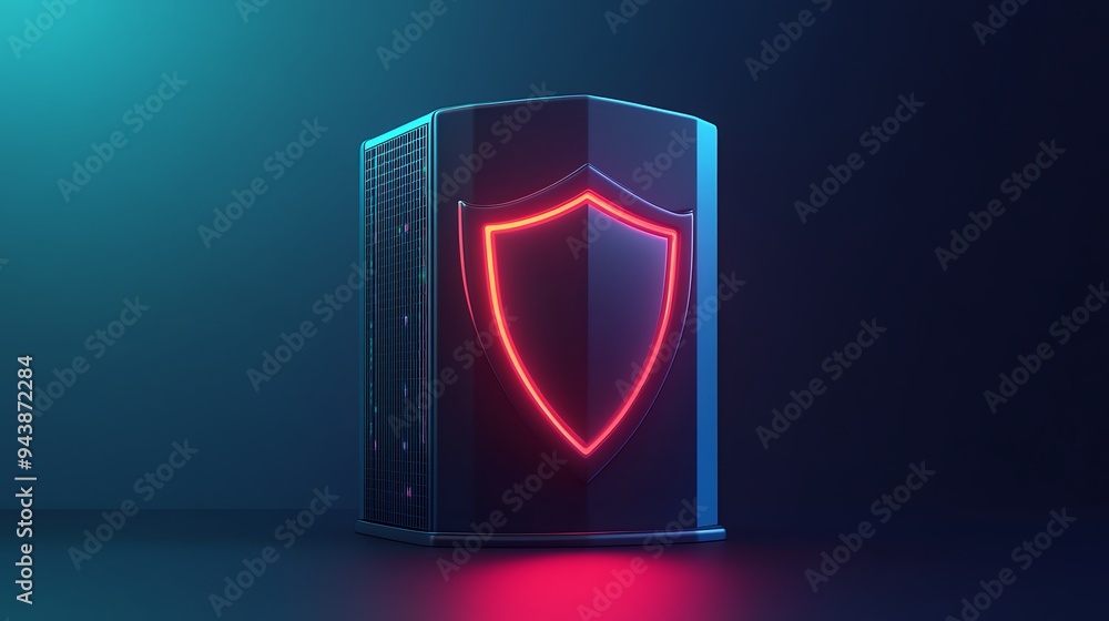 Poster server security concept with a glowing red shield on a black server, representing data protection an