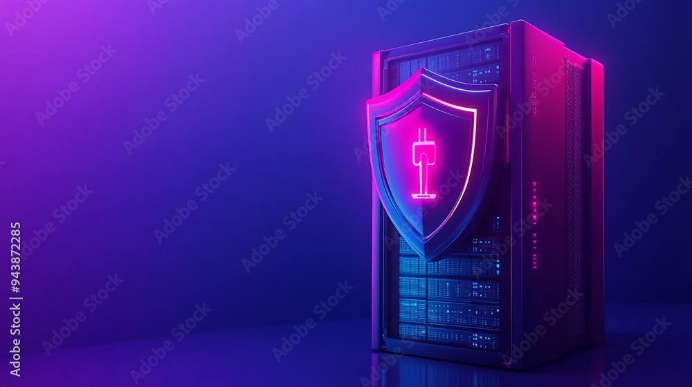 Poster server security concept with a glowing shield icon on a server rack in a futuristic neon setting, sy