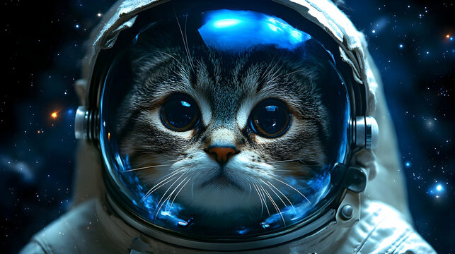 Close up of a cat's face in an astronaut helmet.