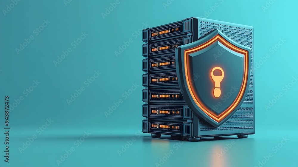 Poster server security concept with a shield and lock icon over a server rack. represents data protection, 