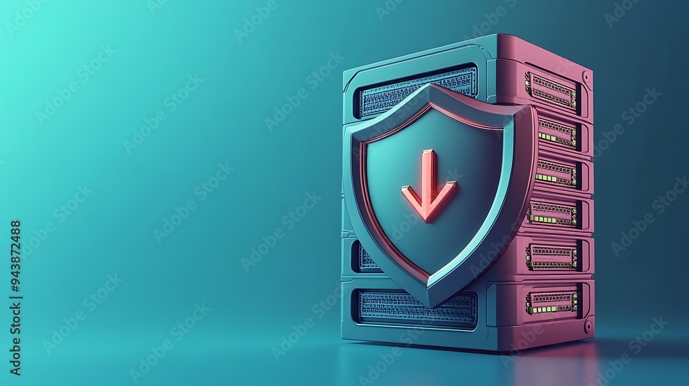 Poster server security concept with a shield overlay and an arrow symbol, representing data protection and 