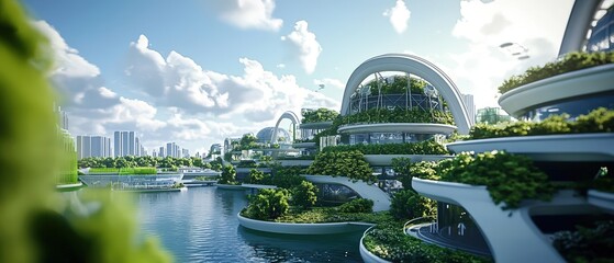 Futuristic cityscape showcasing modern architecture alongside lush greenery and serene water reflections under a bright sky.