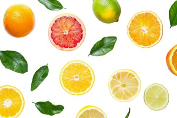 Flat lay view of various Citrus fruits lemon and limes with green leaves from flat lay isolated on background, tropical healthy organic food.