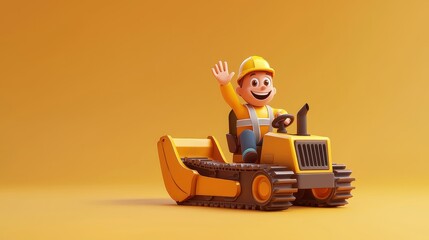 Playful Cartoon Construction Worker Riding a Utility Cart with Joy