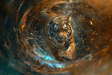 A majestic tiger swims through water, showcasing its agility and power in a stunning underwater scene.