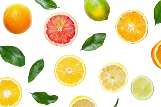 Flat lay view of various Citrus fruits lemon and limes with green leaves from flat lay isolated on background, tropical healthy organic food.