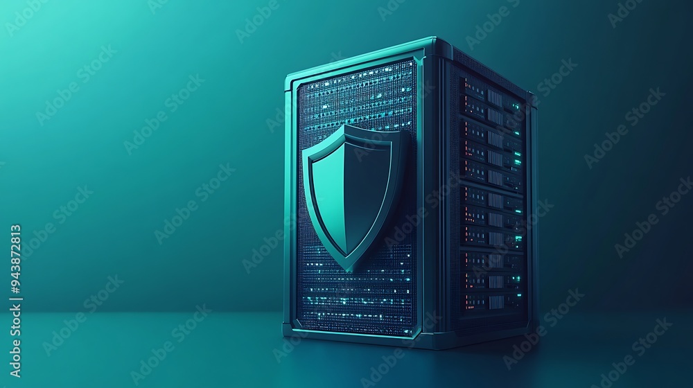 Poster server security is depicted with a shield protecting a data server, emphasizing the importance of cy