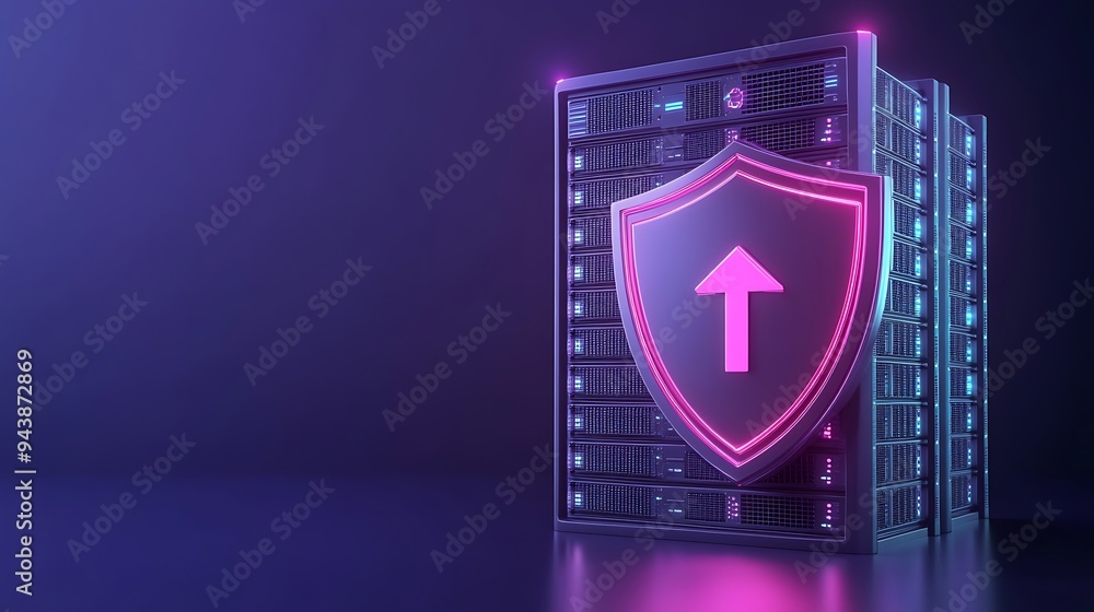 Poster server security upgrade concept with glowing shield and arrow icon over server rack on a futuristic 
