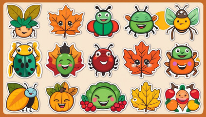 sticker set, different cute funny cartoon bugs