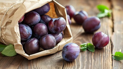 Obraz premium A brown paper bag filled with ripe purple plums