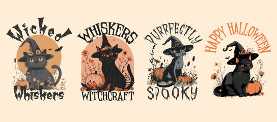 Halloween black cat graphic t shirt designs bundle, black cat vector set, halloween illustration collection