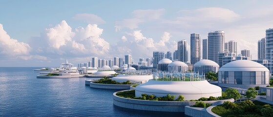 A futuristic cityscape by the water, showcasing modern architecture, greenery, and serene skies, ideal for urban design themes.