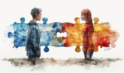 Two business people stand facing each other, represented by colorful jigsaw puzzle pieces. They engage in meaningful conversation, symbolizing cooperation and joint problem-solving