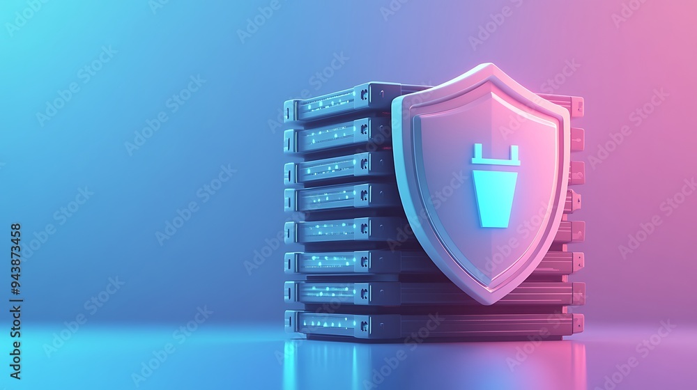 Poster stack of servers with a shield, symbolizing data protection and cybersecurity in soft blue and pink 