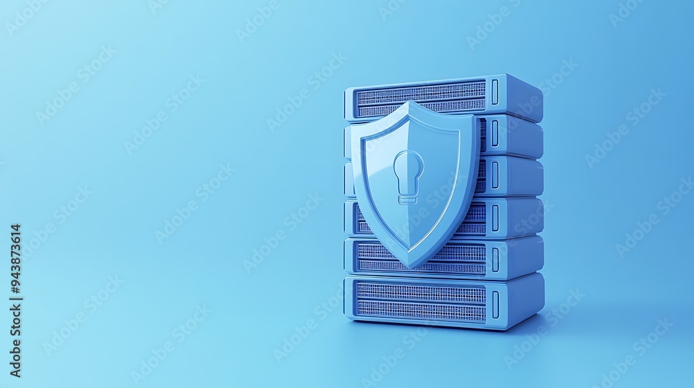 Aufkleber stack of servers with a shield symbol representing data security and protection, isolated on a blue 