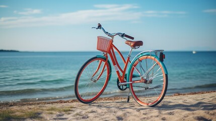 A photo of a colorful bicycle parked by a beach