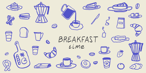 Hand draw la dolce vita breakfast doodles. Vector illustration of food and coffee icons in chalk, crayon drawing style. Minimalist line art. Illustration for invitations, menus design, social media.