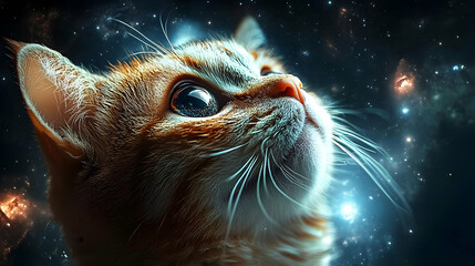 Close-up of a cat's face with a starry night background.