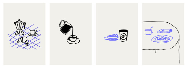 La dolce vita breakfast doodles placard or poster set. Vector illustration of croissant and coffee in chalk, crayon drawing style. Wall art prints decor. Illustration for invitations, menus design.