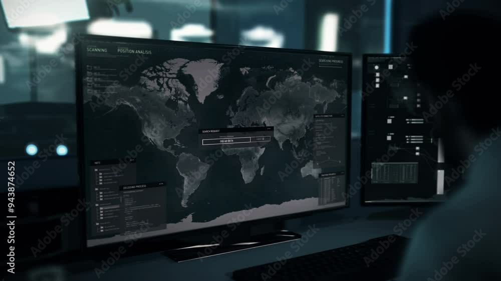Poster high tech spy scanner examining the earth map. high tech spy scanner looking for target location coo