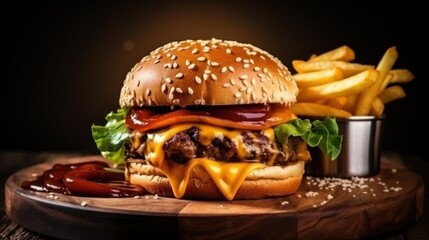 Delicious burger with fries on wooden table