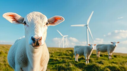 Obraz premium Wind turbines on a coastal cliff with wildlife-friendly design, natural power, conservation-focused energy