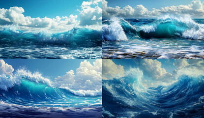 A large wave in the ocean, with a blue sky and white clouds in the background