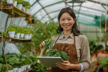 A woman is holding a tablet and smiling in front of a greenhouse